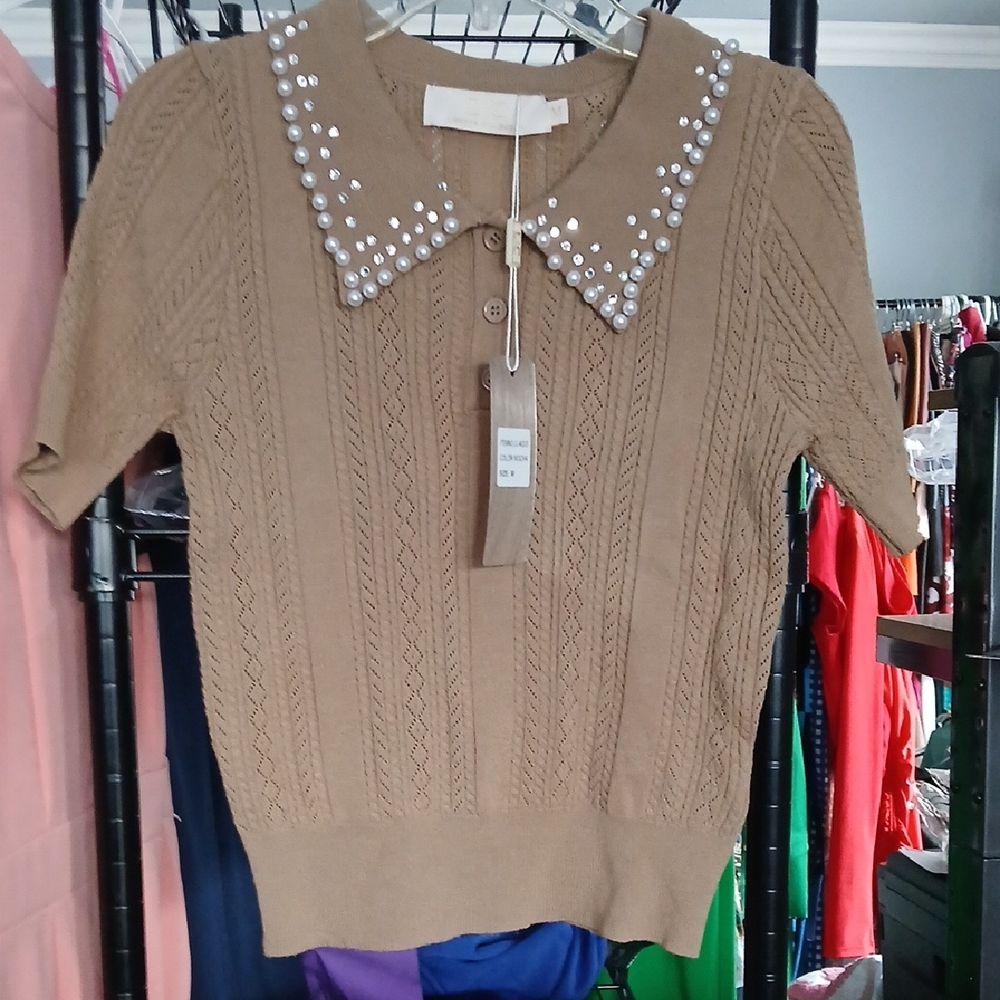 Beige Knit Top with Pearl Collar